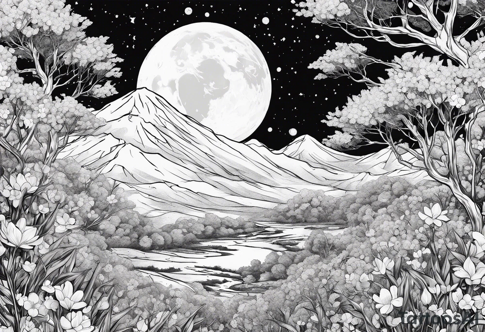 gundam, flying over moon, falling flowers, line art tattoo idea