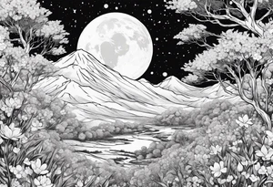 gundam, flying over moon, falling flowers, line art tattoo idea