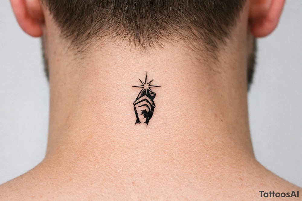 A minimalist silhouette of a hand grasping a bright starburst. tattoo idea