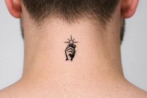 A minimalist silhouette of a hand grasping a bright starburst. tattoo idea
