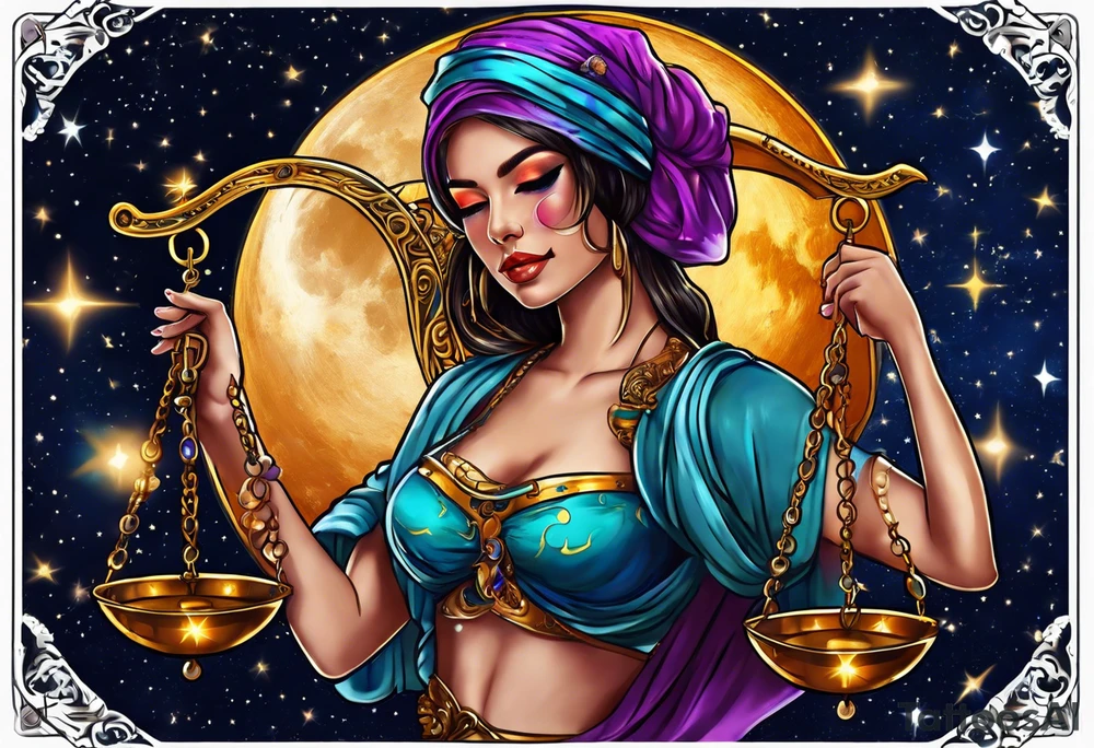 Beautiful woman blindfolded holding the libra scales, in the background is the libra constellation with a halfmoon surrounding half of the woman. The scales hang from the bottom of the half moon. Vibrant colors intensify the picture tattoo idea