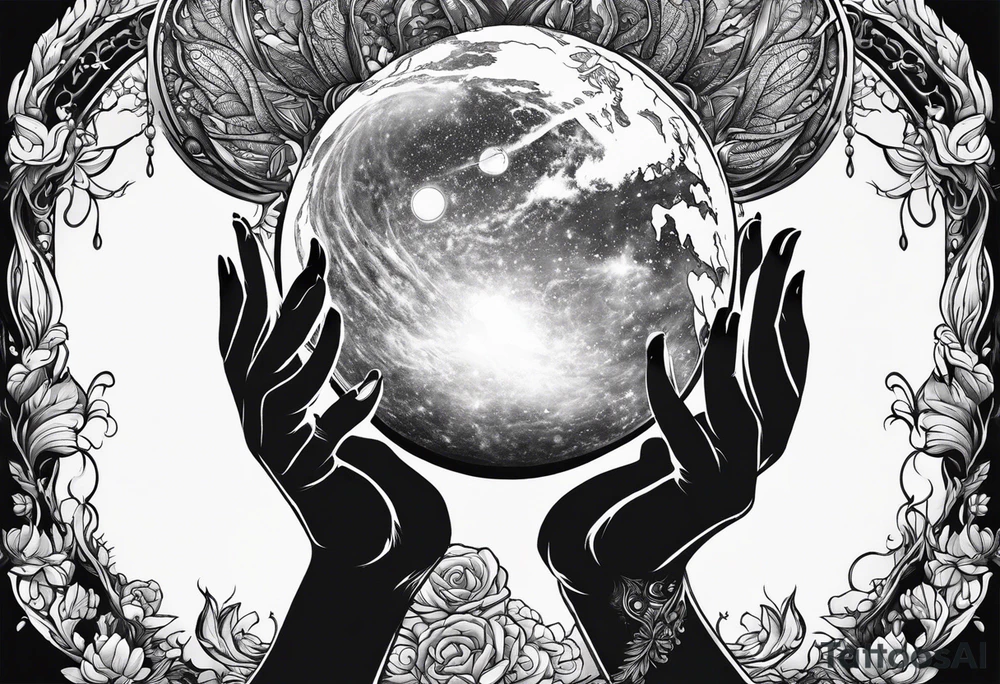 Gaia, hands outstretched over head , holding orb of creation above head tattoo idea