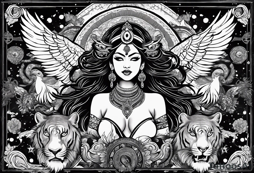 black kali, goddess pirate, alien, angel, pachamama, valkrye, warrior, flying, skull, lotus azul, wing, eagle, zenza resonance, stars, 5D, anahata chakra, death, durga, riding on a tiger, flying lady, kundalini, chest tatoo, samuri, rebel,serpent tattoo idea