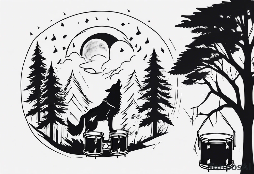 thunderstorm over a forest with a wolf howling on drums tattoo idea