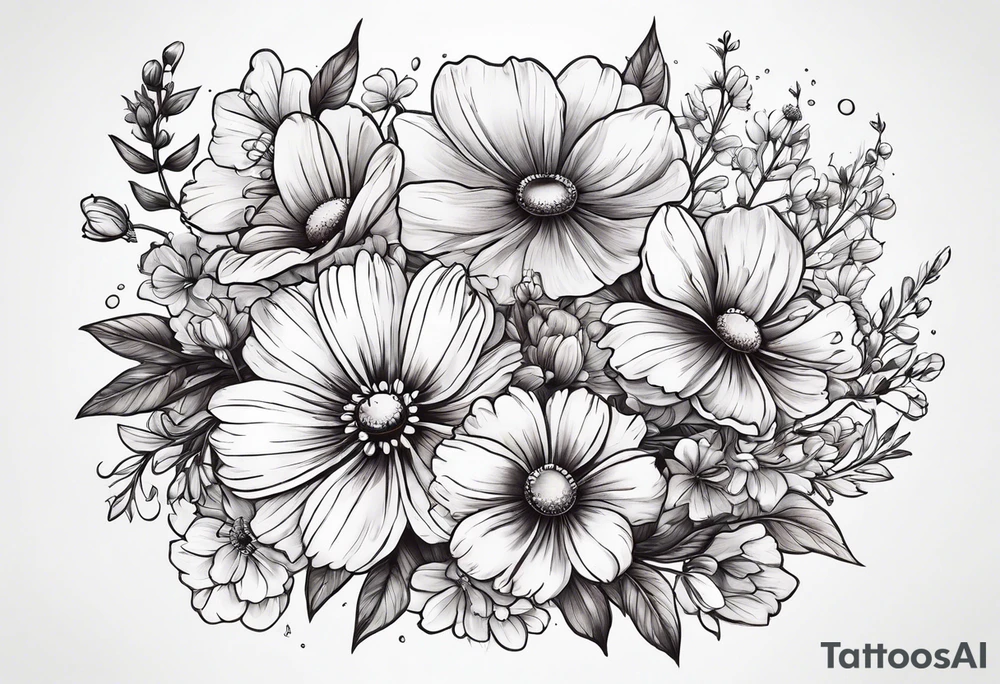 Flower bouquet with honey suckle and cosmos tattoo idea