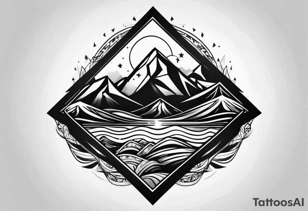 Mountains and ocean waves  crashing diamond shape tattoo idea