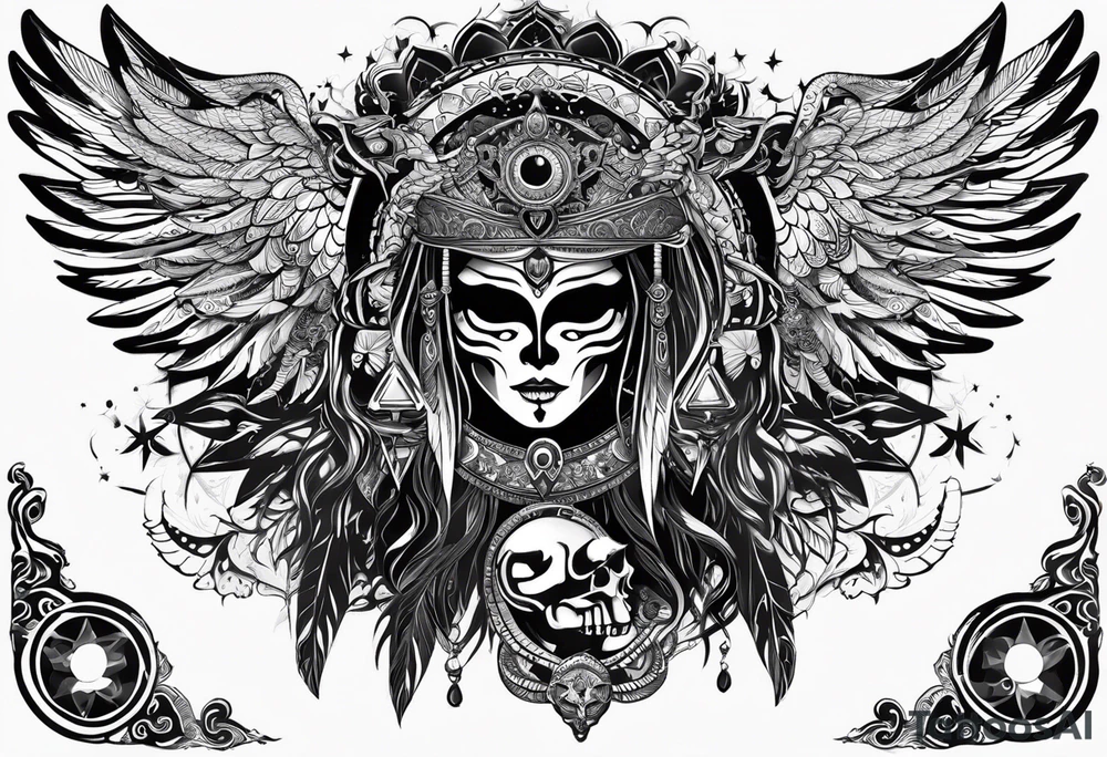 black kali, goddess pirate, alien, angel, pachamama, valkrye, warrior, flying, skull, lotus azul, wing, eagle, zenza resonance, stars, 5D, anahata chakra tattoo idea