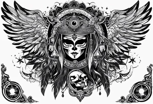 black kali, goddess pirate, alien, angel, pachamama, valkrye, warrior, flying, skull, lotus azul, wing, eagle, zenza resonance, stars, 5D, anahata chakra tattoo idea