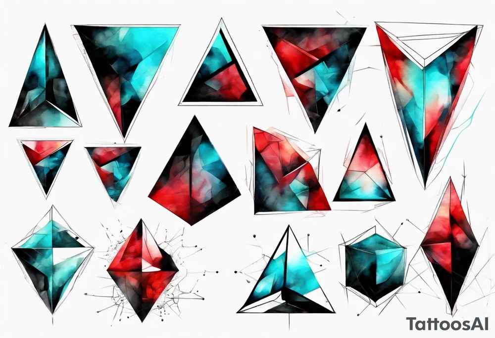 Modern and futuristic, triangular prism light reflection, black, red and cyan, acquarel, abstract, geometric, fractal chaos tattoo idea