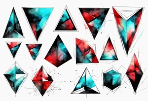 Modern and futuristic, triangular prism light reflection, black, red and cyan, acquarel, abstract, geometric, fractal chaos tattoo idea