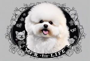 A white Bichon frise with a black pomeranian and a black poodle with the words “MFer For Life” tattoo idea