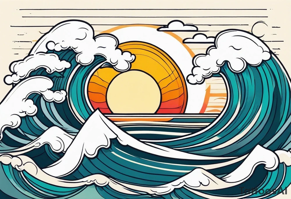 ocean waves with sun tattoo vintage traditional simple and bold colors tattoo idea