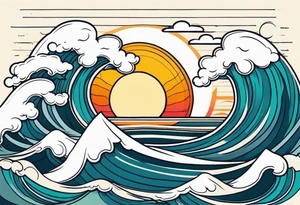 ocean waves with sun tattoo vintage traditional simple and bold colors tattoo idea