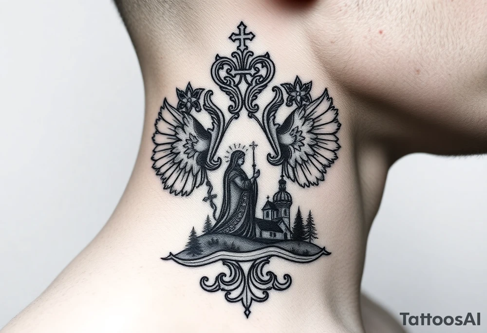 Traditional authentic Russian coat of arms with a Christian orthodox virgin marry in the middle and silhouette in a Russian wilderness Christian orthodoxy dome church village setting on the side of my neck tattoo idea