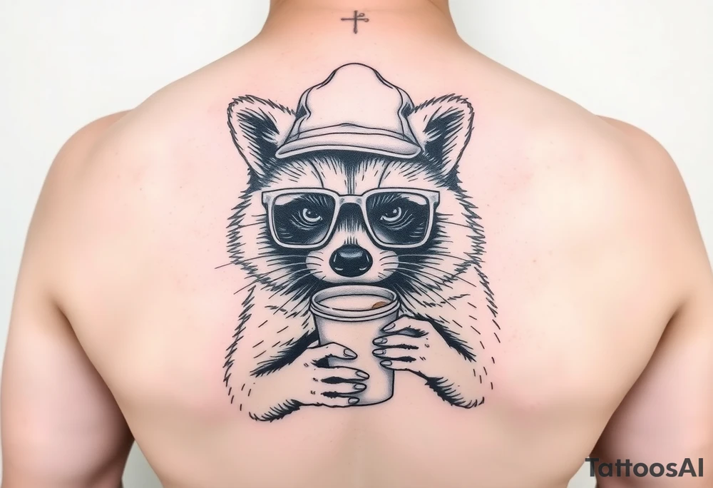 Full body Raccoon with thick square glasses,trucker hat, and iced coffee tattoo idea