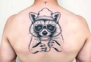 Full body Raccoon with thick square glasses,trucker hat, and iced coffee tattoo idea