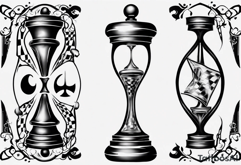hourglass in the shape of a chess peace with filagree in the background tattoo idea