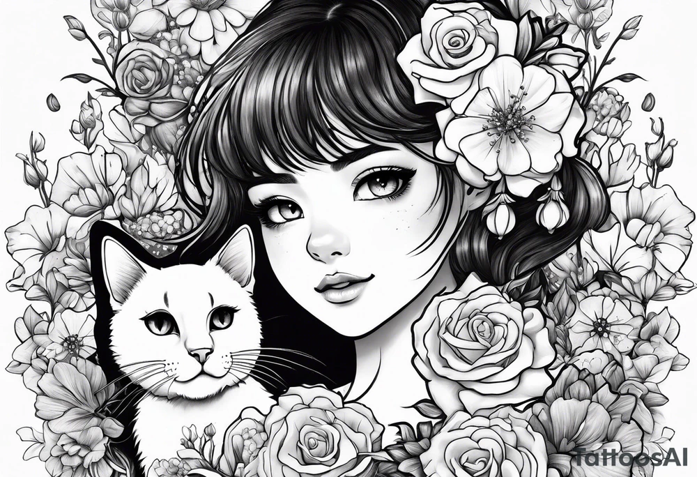 cute girl with baby's breath flower with a dog and a cat and eat beefsteak tattoo idea