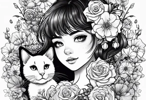 cute girl with baby's breath flower with a dog and a cat and eat beefsteak tattoo idea