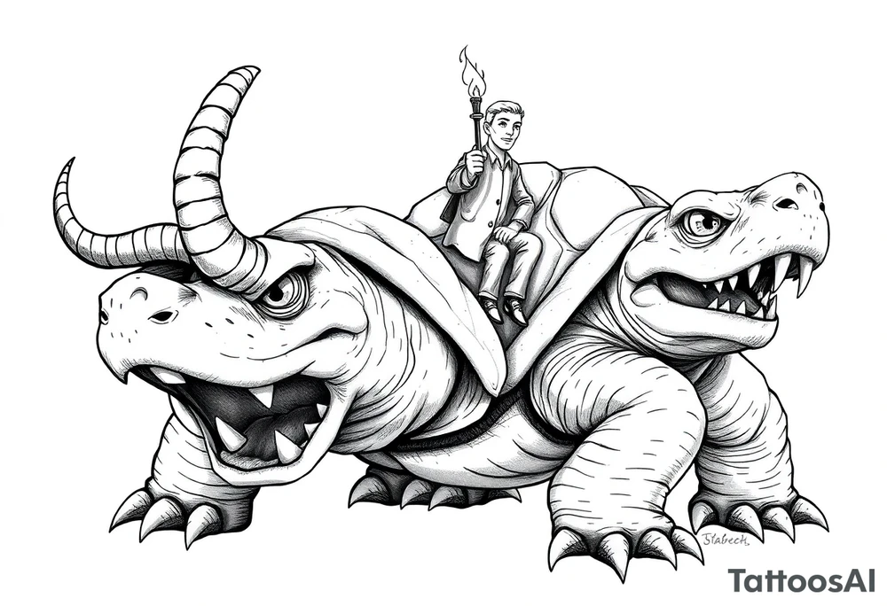 2 slaves powerful and angry turtle with goat horns and huge teeth and ALIEN EYES WITH a tiny guy riding on the back holding a torch tattoo idea