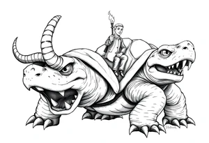 2 slaves powerful and angry turtle with goat horns and huge teeth and ALIEN EYES WITH a tiny guy riding on the back holding a torch tattoo idea