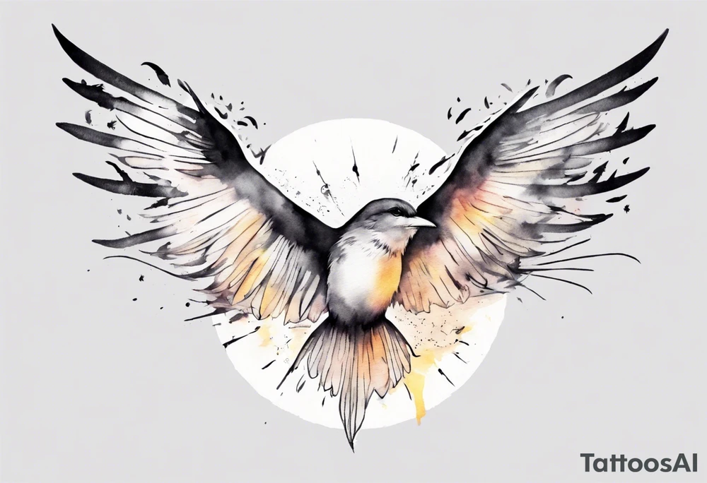 a shoulder tattoo with lots of rays of light in gradient starting from the middle
, clouds and birds flying free tattoo idea