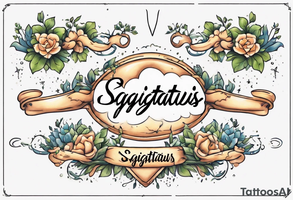 a forearm tattoo with a cloud with little plants around the word sagittarius and underneath it the date 12.08.05 tattoo idea