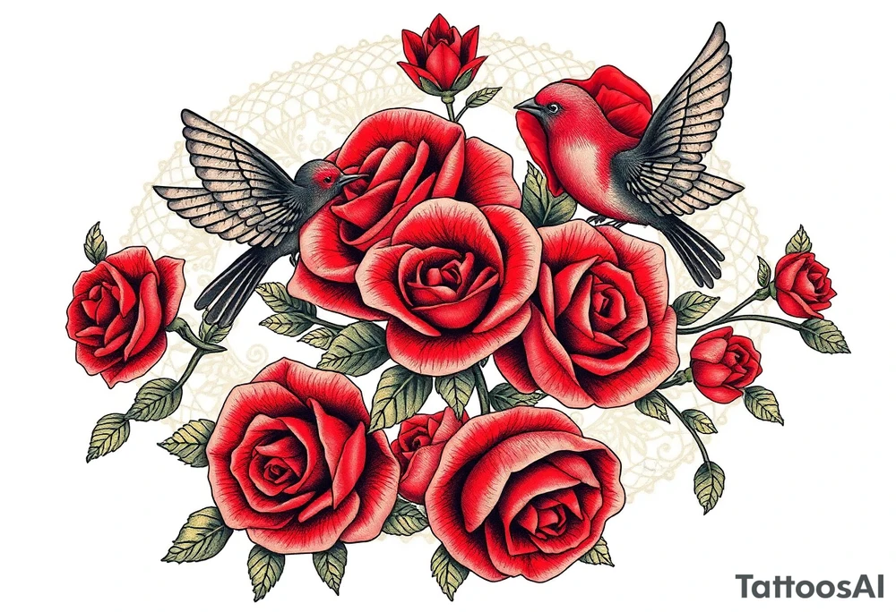 Vintage lace, red roses, red birds, vintage, wrap around, tighter together, no space open tattoo idea