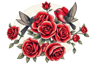 Vintage lace, red roses, red birds, vintage, wrap around, tighter together, no space open tattoo idea