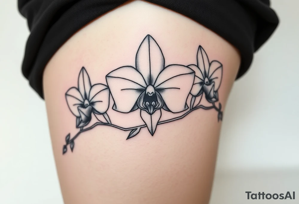 Draw of three fine line orchids different size realistic, the central part resembles a vagina. Are connected with branches tattoo idea