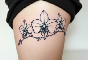Draw of three fine line orchids different size realistic, the central part resembles a vagina. Are connected with branches tattoo idea