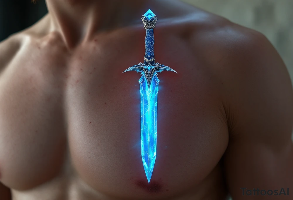 Crystal Dagger – A dagger with a crystal hilt glowing in shades of aqua blue, with a frosted silver blade. The crystal emits a soft, ethereal glow, making it look mystical. tattoo idea