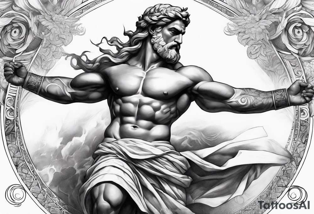 greek god, powerful, meaningful, inspirtational, full body, lighting, presence tattoo idea