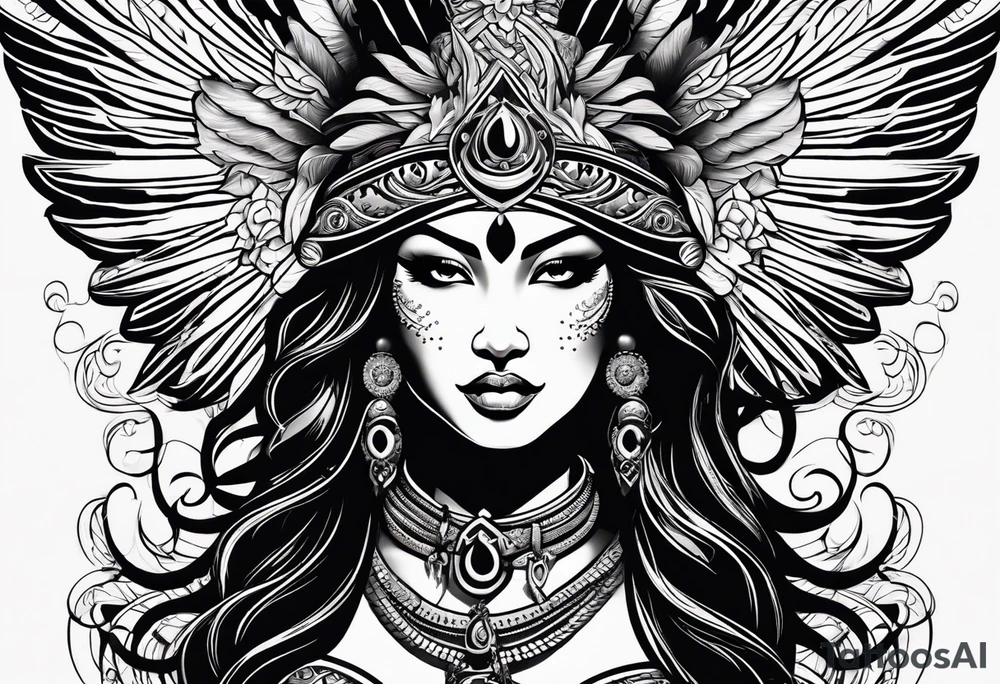 black kali, goddess pirate, alien, angel, pachamama, valkrye, warrior, flying, skull, lotus azul, wing, eagle, zenza resonance, stars, 5D, anahata chakra, death, durga, riding on a tiger, flying lady, kundalini, chest tatoo, samuri, rebel tattoo idea