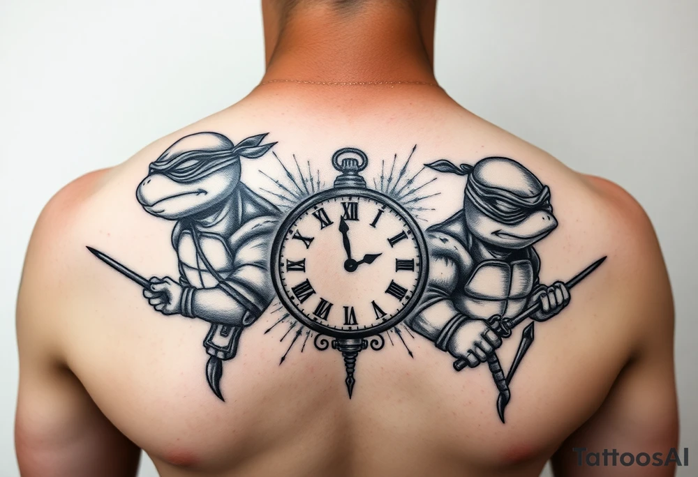 give me a full front neck tattoo of the 4 ninja turtles on the right and danny phantom on the left with a clock in the middle in all black ink tattoo idea