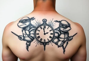 give me a full front neck tattoo of the 4 ninja turtles on the right and danny phantom on the left with a clock in the middle in all black ink tattoo idea