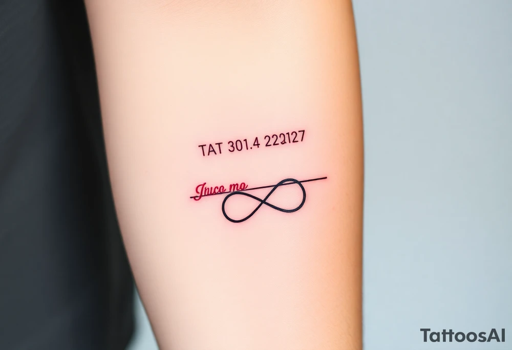 “Quero uma tatuagem no antebraço, simples e pequena. Deve ter a data de nascimento do meu avô escrita em vermelho, seguida de um traço reto e, à frente, o símbolo de infinito em preto. O design deve ser minimalista, com letras elegantes e proporcionais, mantendo um aspeto discreto.” tattoo idea