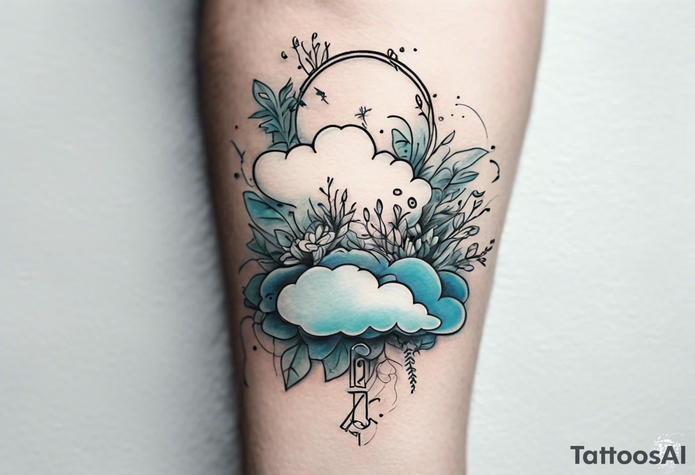 a forearm tattoo with a cloud with little plants and underneath it the date 12.08.05 tattoo idea