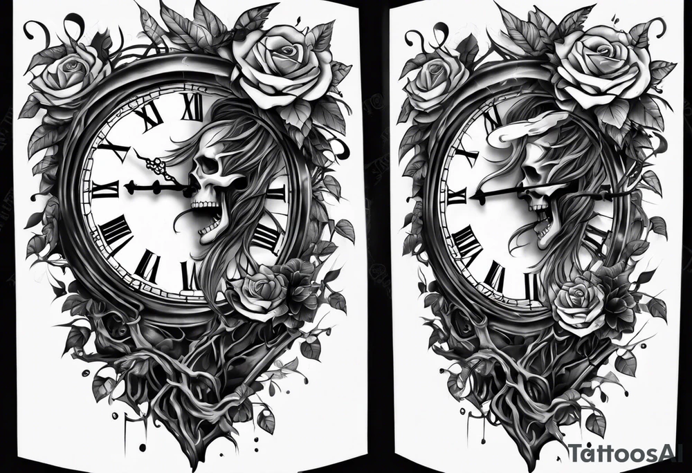tattoo fool sleeve, tree roots break out of the chains, broken mask, clock with flying numbers, girl and skull, roses tattoo idea