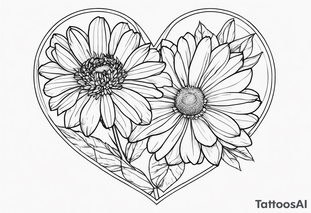 Heart with aster flowers and Cameron as the line to draw the heart and the time 8:34am written with the line tattoo idea