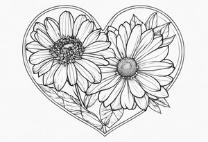 Heart with aster flowers and Cameron as the line to draw the heart and the time 8:34am written with the line tattoo idea