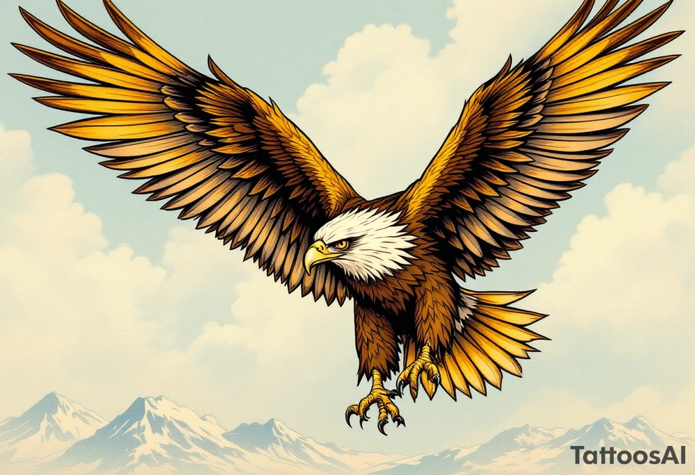 A majestic eagle in flight with wings spread wide, its feathers detailed in shades of deep brown, gold, and cream. The eagle’s sharp, focused eyes are outlined in black, with subtle accents of amber to create an intense gaze. The feathers on the wings have gradients of dark brown at the tips, transitioning to lighter golden hues towards the body. The background features a soft blue sky with wisps of clouds, adding a sense of movement and freedom. The eagle’s talons are outstretched, ready to grasp, with a slight glow around them, symbolizing power and dominance. A faint outline of a mountain range can be seen beneath the eagle, representing strength and resilience. tattoo idea