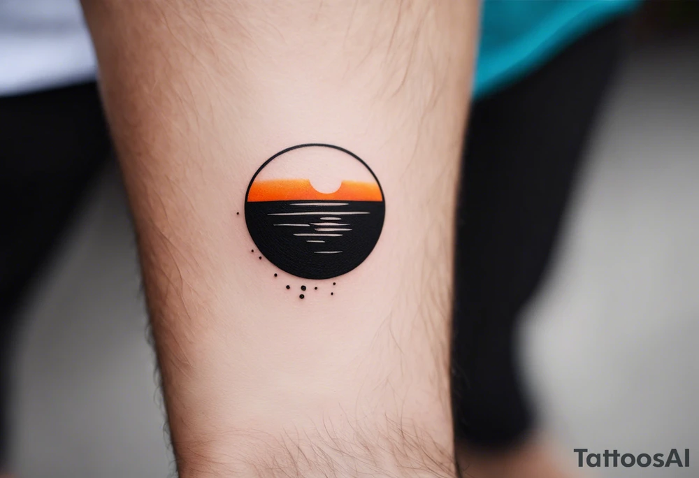 This is an extremely simple and minimalistic tattoo on male forearm. It is black and white with minuscule splashes of orange from the sun. The tattoo 4 inches wide by 2 inches tall. It is NOT a circle. From the perspective of being on the ocean, Water is calm, with no waves in sight, the sun is setting behind the ocean, reflecting light onto the ocean. tattoo idea