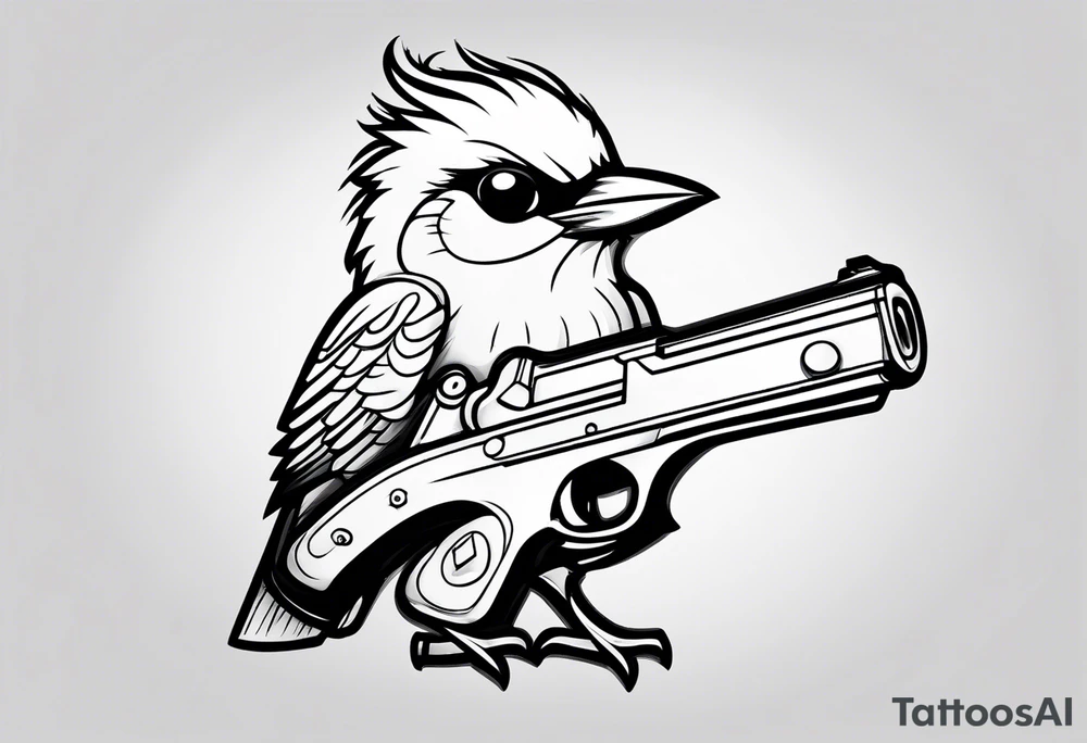 Cute cartoon Bird with a gun in its mouth tattoo idea
