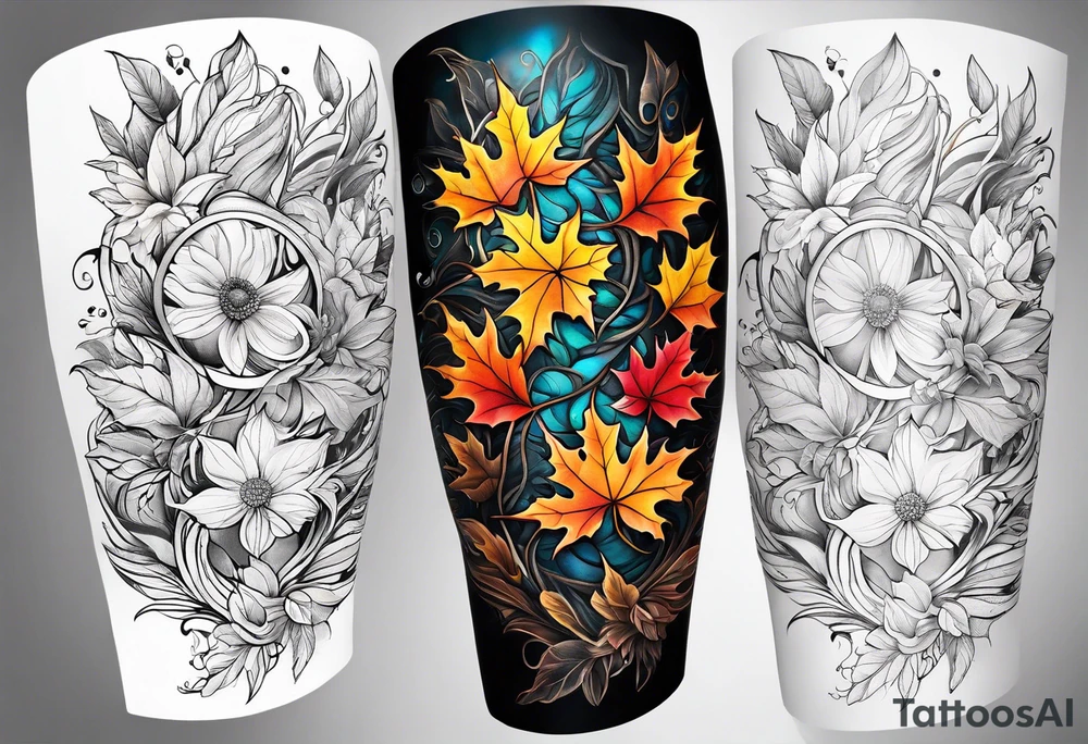 Knee tattoo with fall colors showing leaves, flowers, water flow and sky tattoo idea