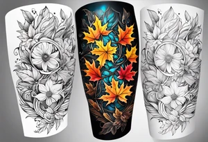 Knee tattoo with fall colors showing leaves, flowers, water flow and sky tattoo idea