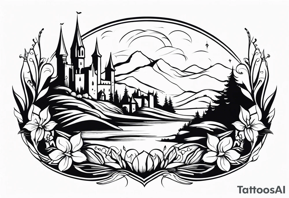 medieval tribal city 
floral  land  vignette tattoo idea