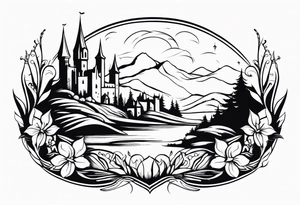 medieval tribal city 
floral  land  vignette tattoo idea