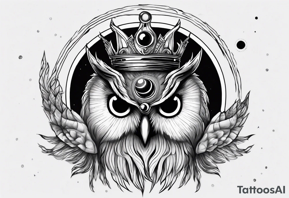Wise Crowned Owl with the third eye and the Dark Moon. tattoo idea