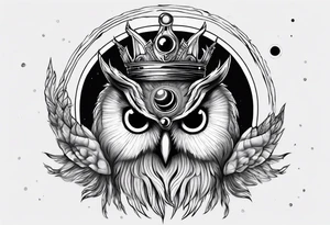 Wise Crowned Owl with the third eye and the Dark Moon. tattoo idea